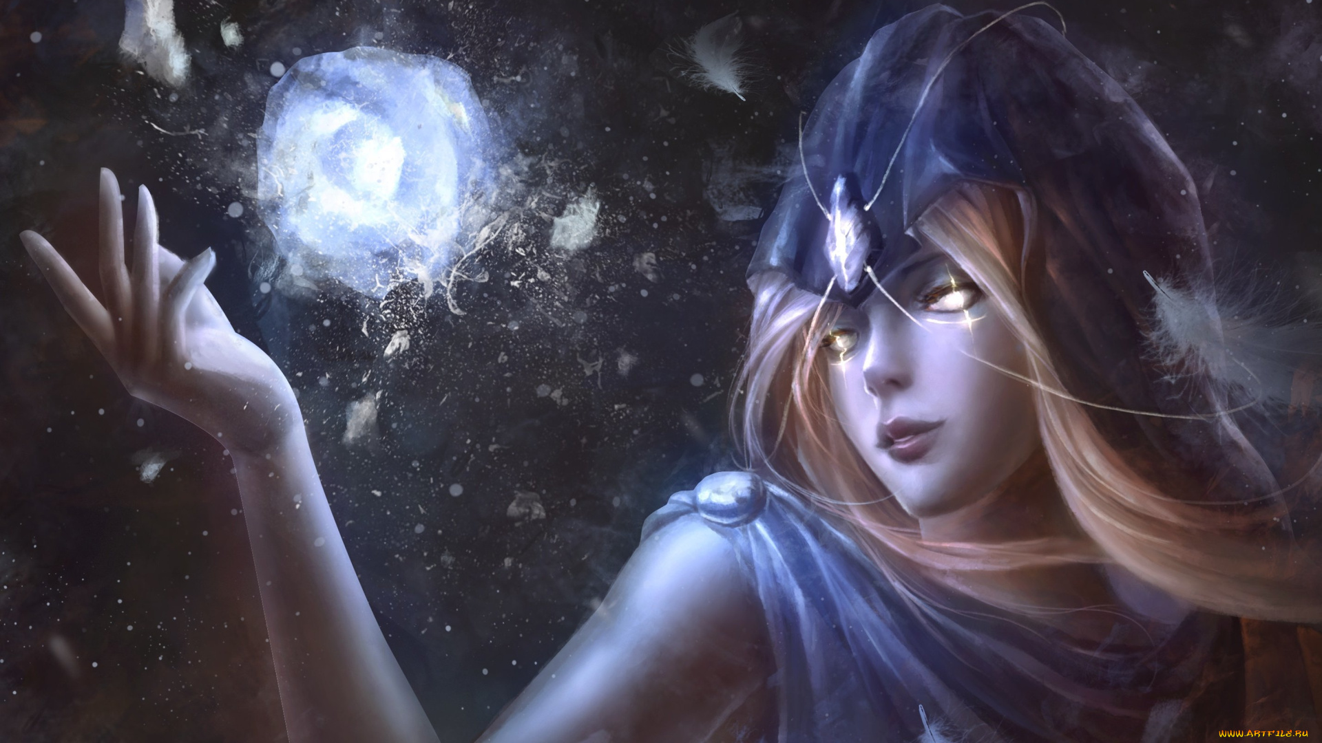 фэнтези, магия, перья, взгляд, девушка, арт, фантастика, лед, камень, капюшон