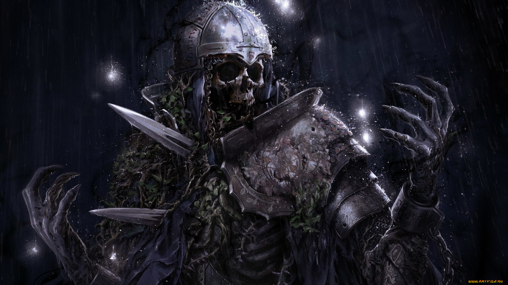 фэнтези, нежить, фрагмент, доспехи, скелет, дождь, арт, kate, fox