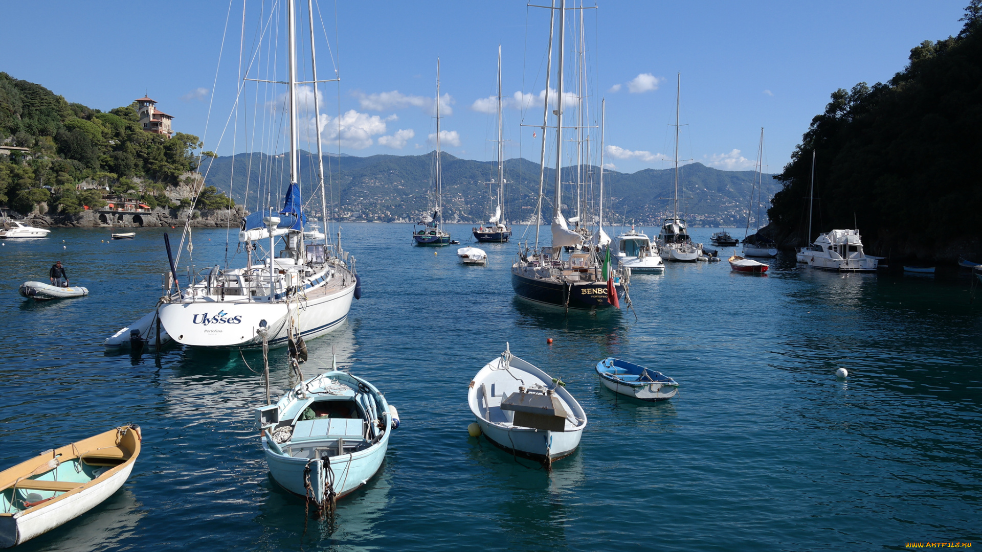 корабли, разные, вместе, италия, лодки, яхты, горы, море, вход, в, бухту, портофино, лигурия