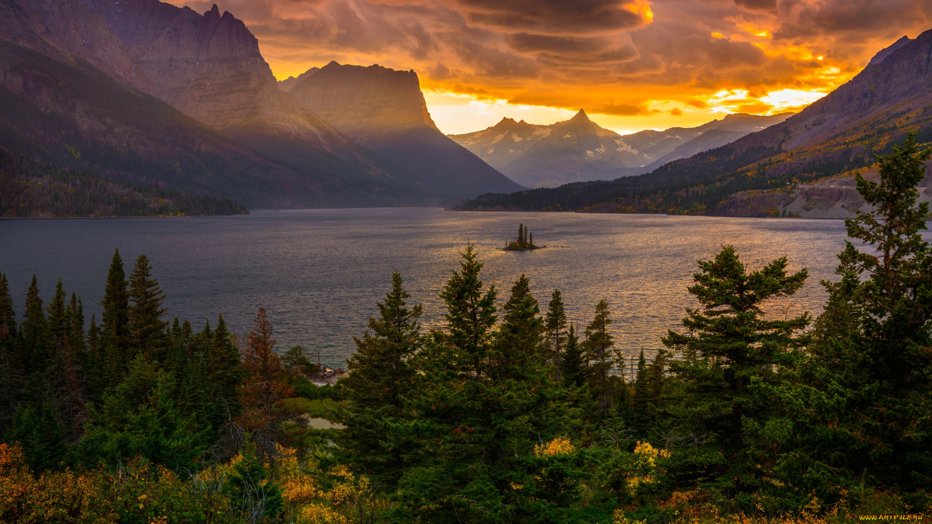 природа, реки, озера, тучи, небо, деревья, закат, лес, горы, озеро