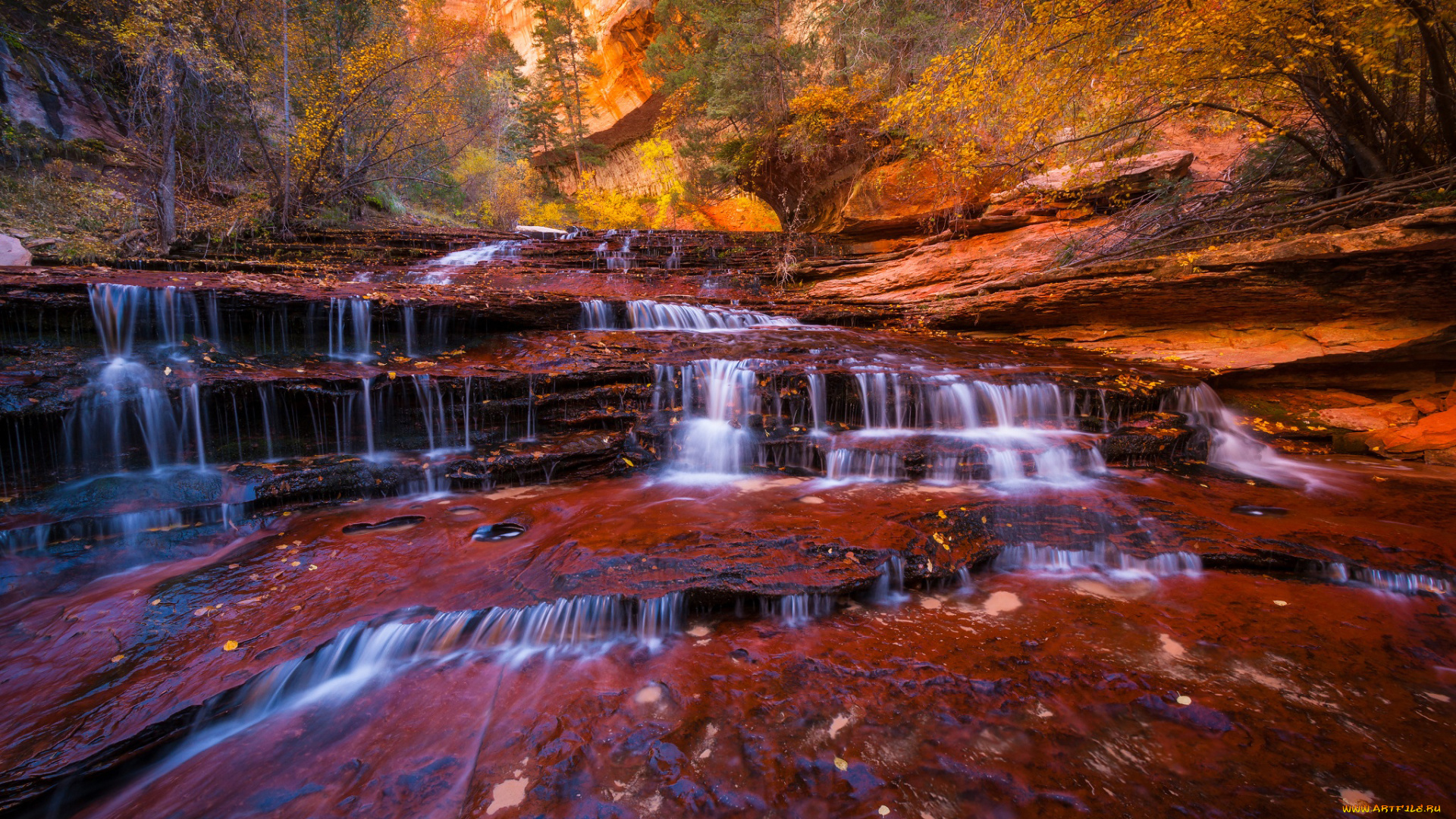 природа, водопады, деревья, река, ручей, поток, листва, скалы, осень, национальный, парк, зайон, юта, сша, штат, каскад, архангела, водопад