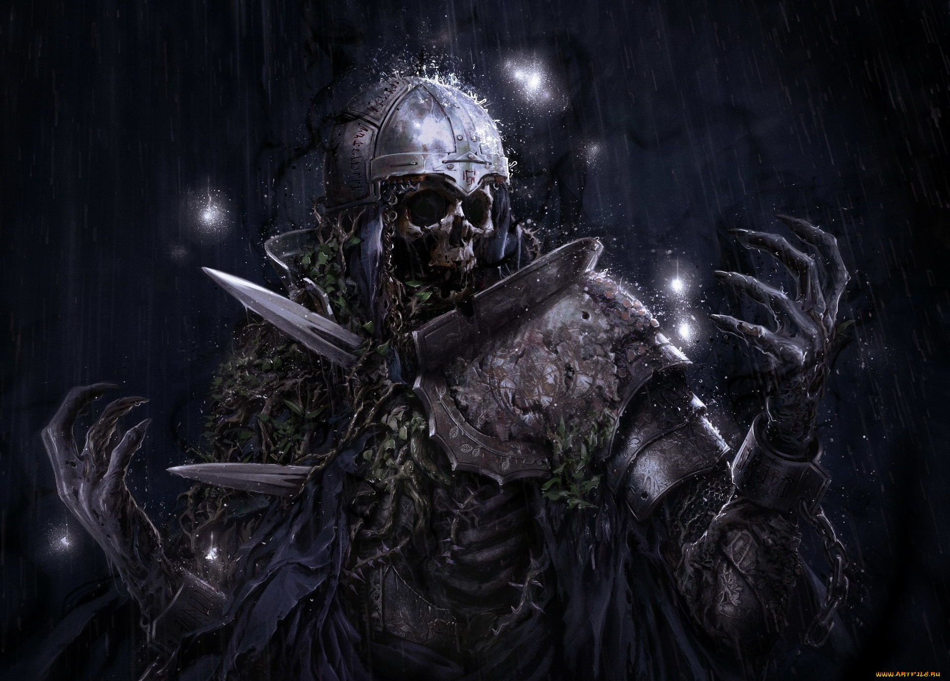 фэнтези, нежить, фрагмент, доспехи, скелет, дождь, арт, kate, fox