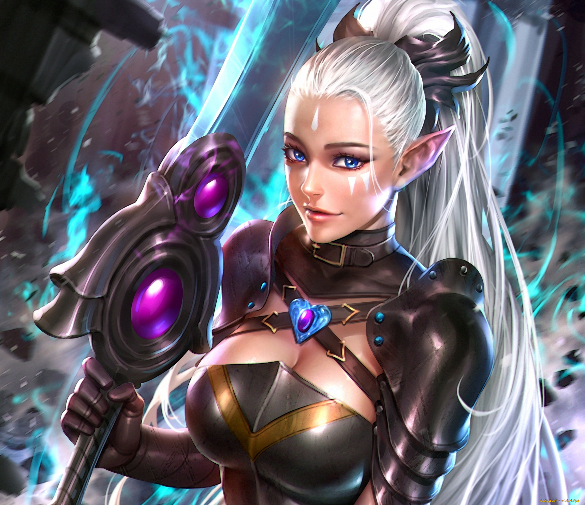 фэнтези, эльфы, грудь, воин, adalia, меч, девушка, взгляд, красота, волосы, лицо, уши