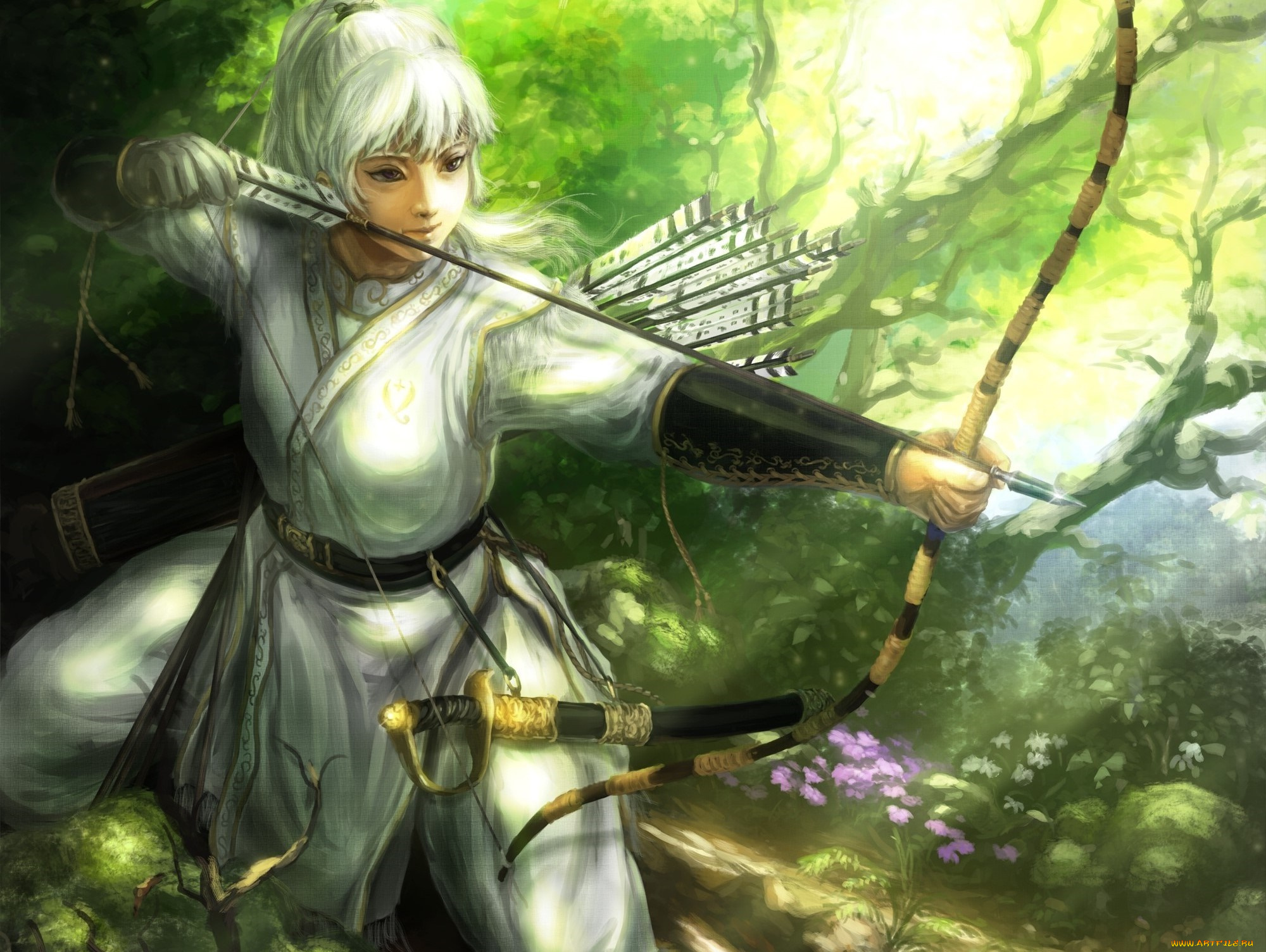 фэнтези, девушки, фон, взгляд, стрелы, лук, девушка