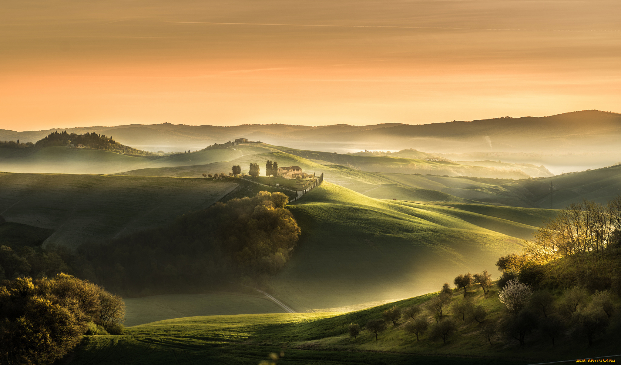 природа, пейзажи, туман, тоскана, усадьба, поля, утро, апрель, весна, италия