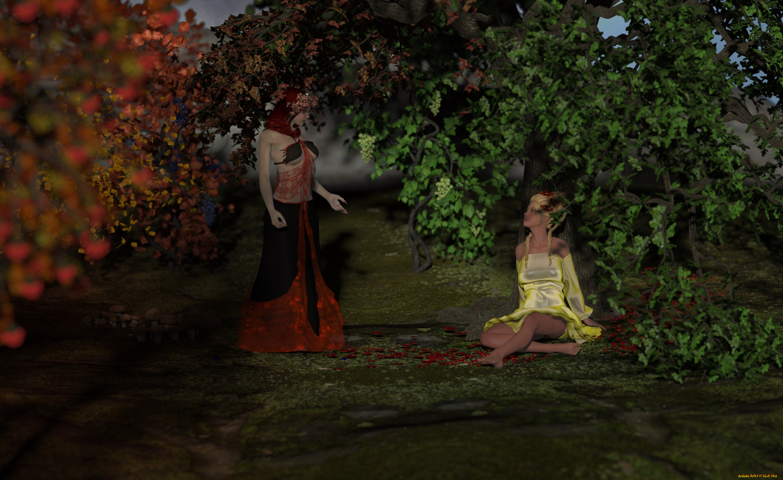 3д, графика, эльфы, , elves, взгляд, эльфийки, сад, фон