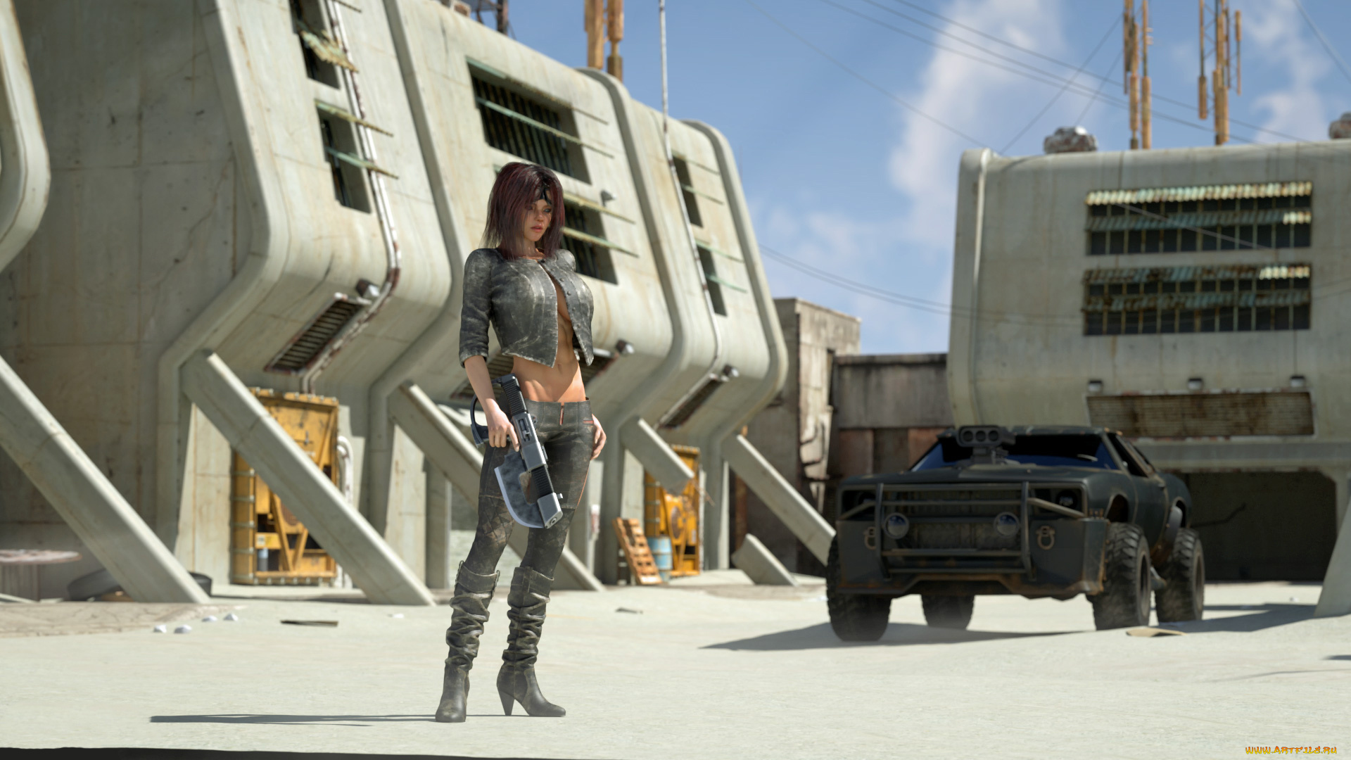 3д, графика, фантазия, , fantasy, оружие, девушка, автомобиль