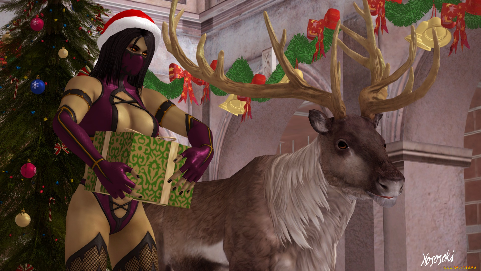 3д, графика, праздники, , holidays, елка, олень, подарок, фон, взгляд, девушка