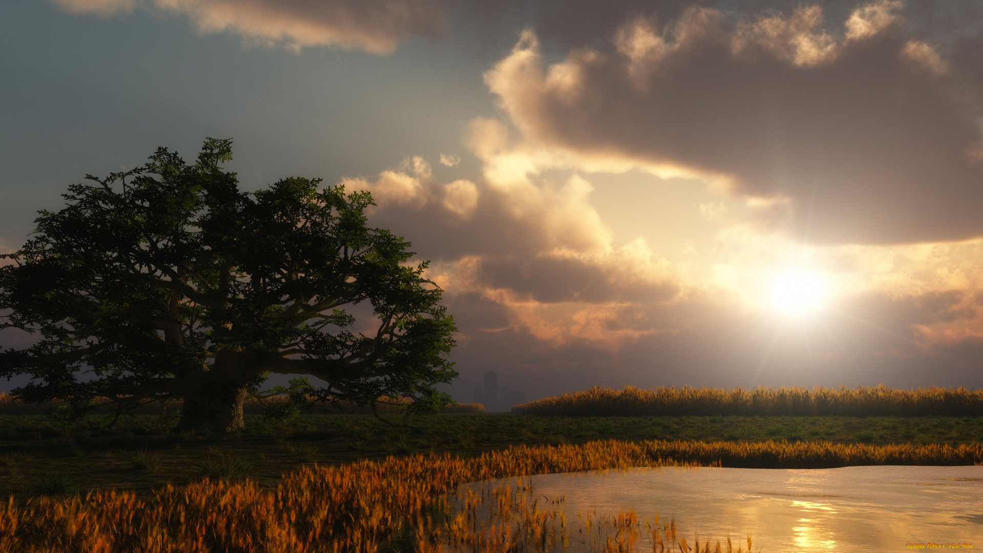 3д, графика, природа, , nature, озеро, дерево, облака