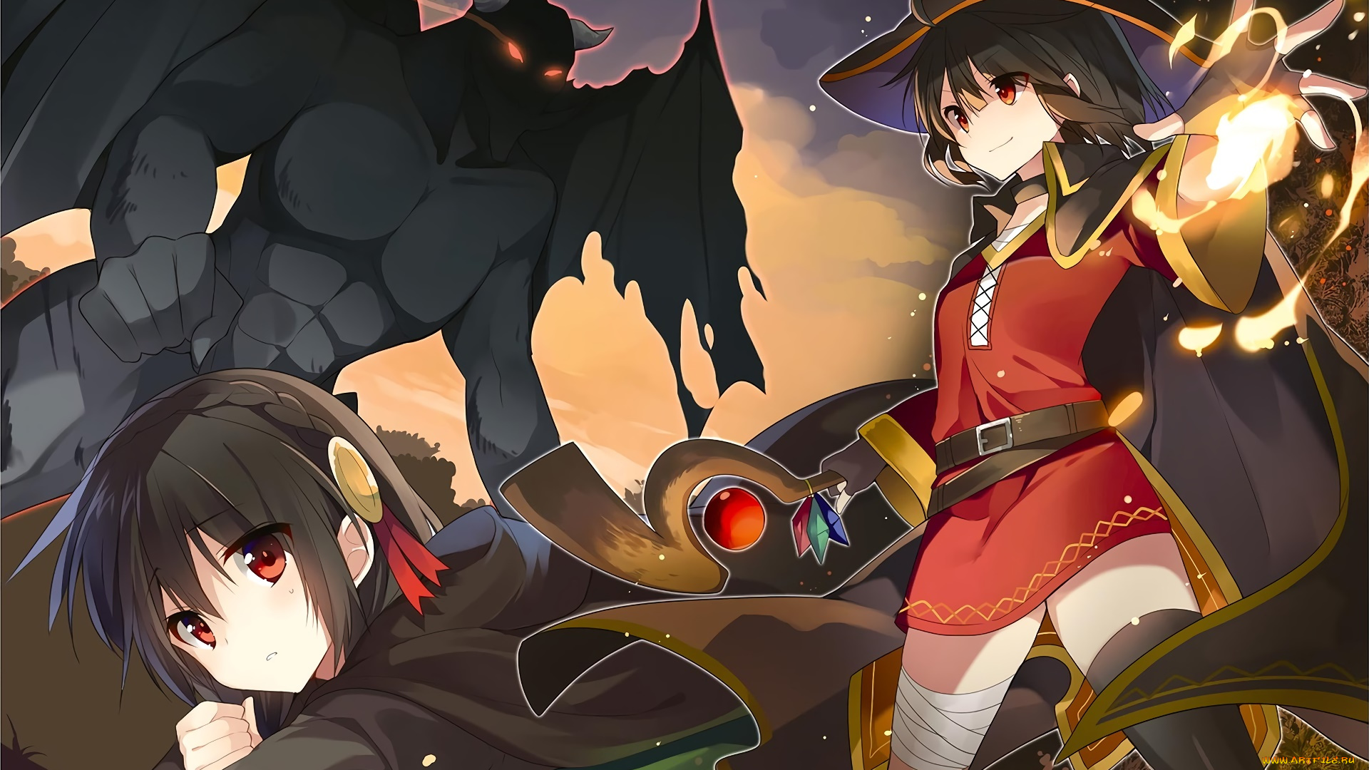 аниме, kono, subarashii, sekai, ni, shukufuku, wo, девушки, взгляд, фон