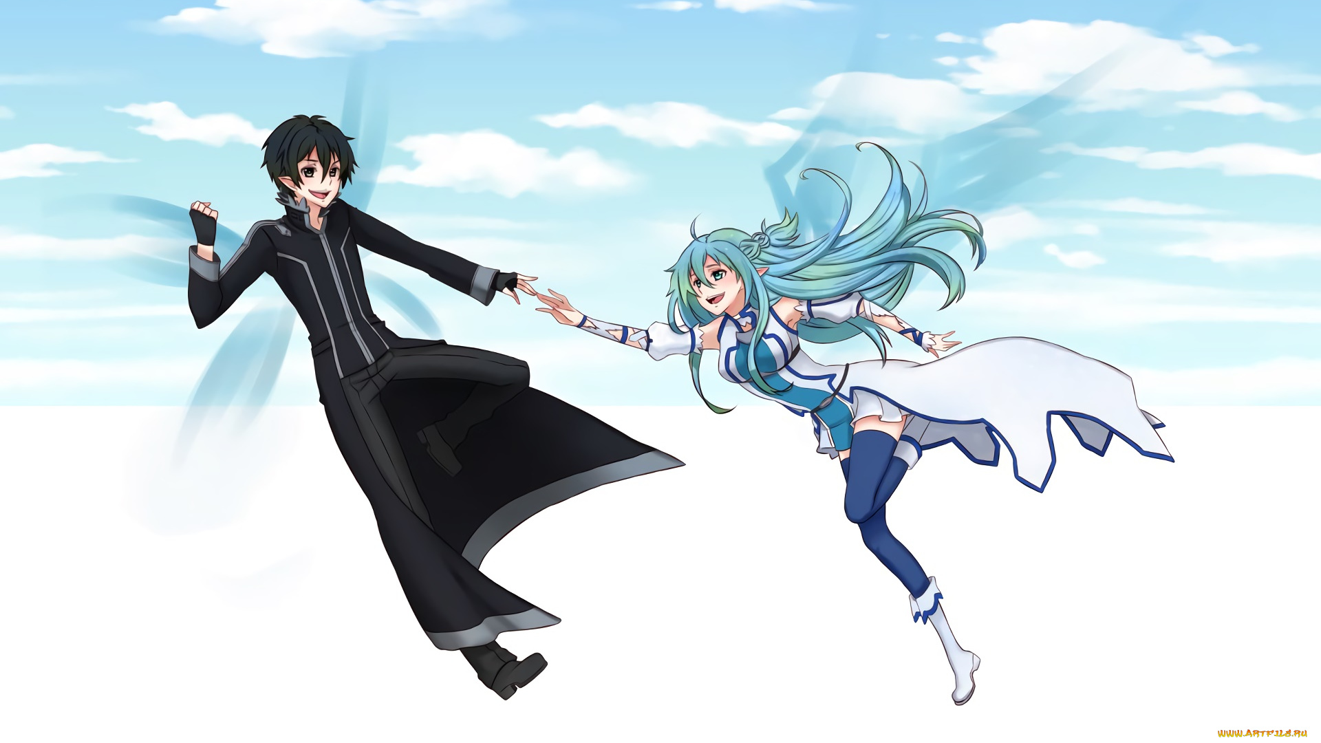 аниме, sword, art, online, парень, фон, взгляд, девушка