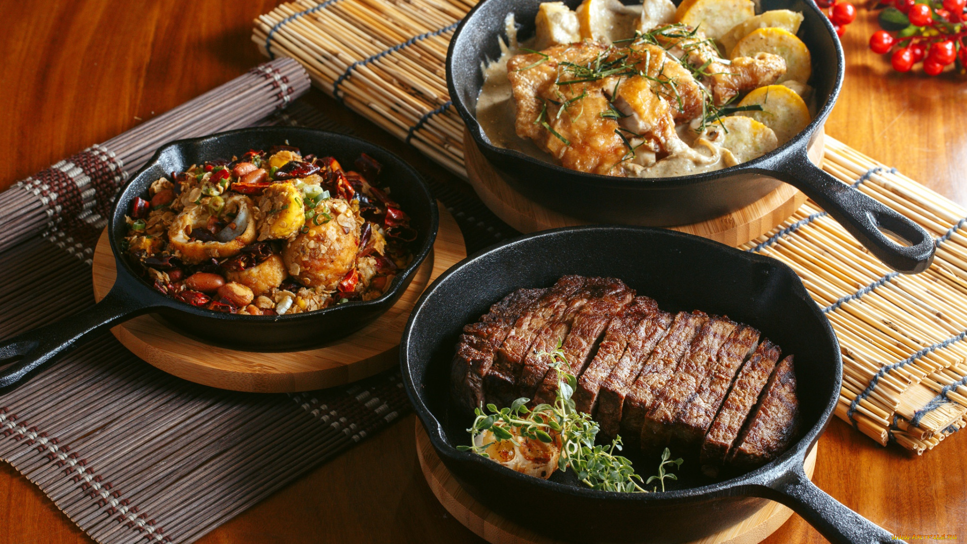 еда, мясные, блюда, сковородки, мясо