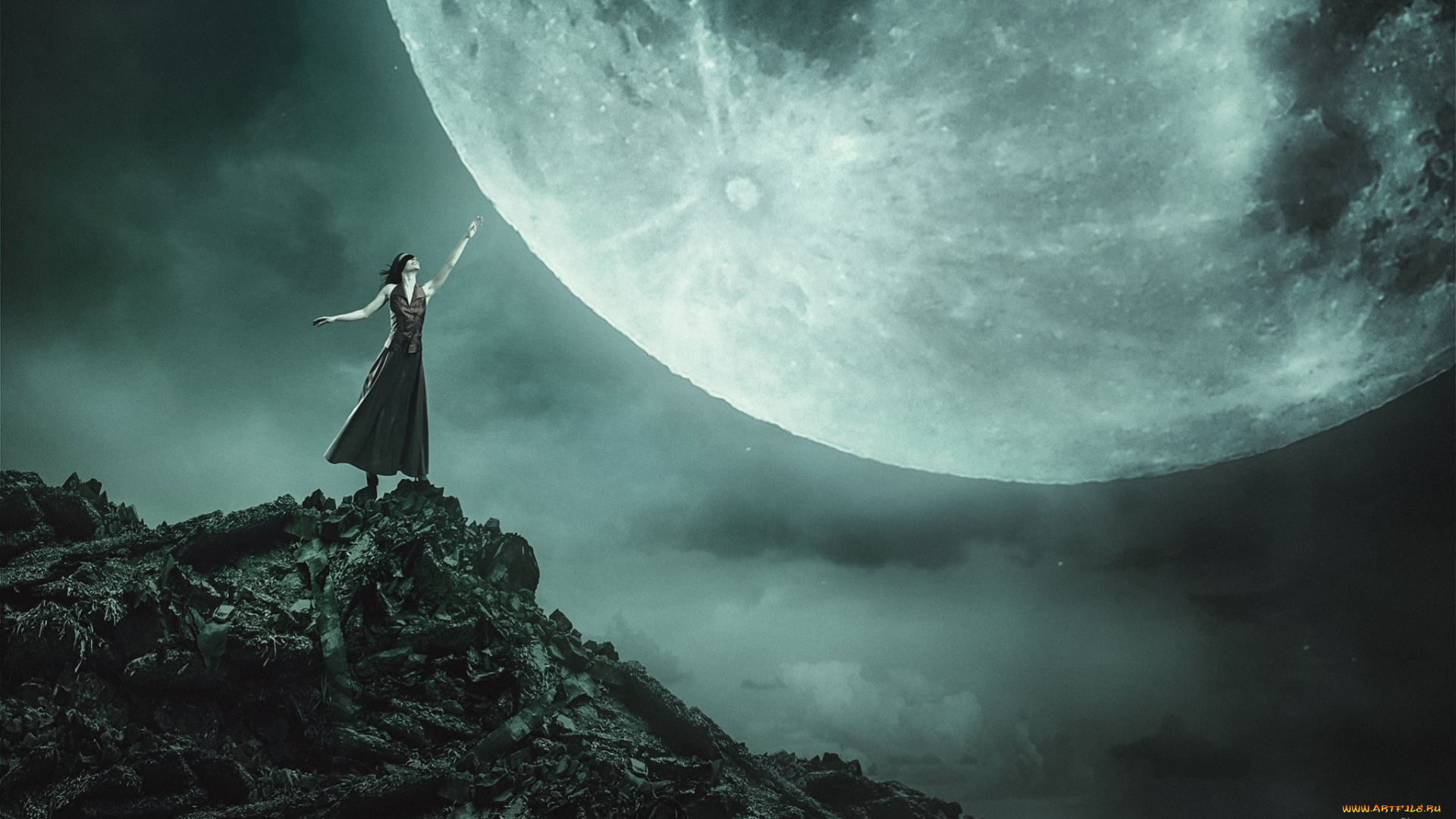 разное, компьютерный, дизайн, девушка, повязка, улыбка, скала, луна