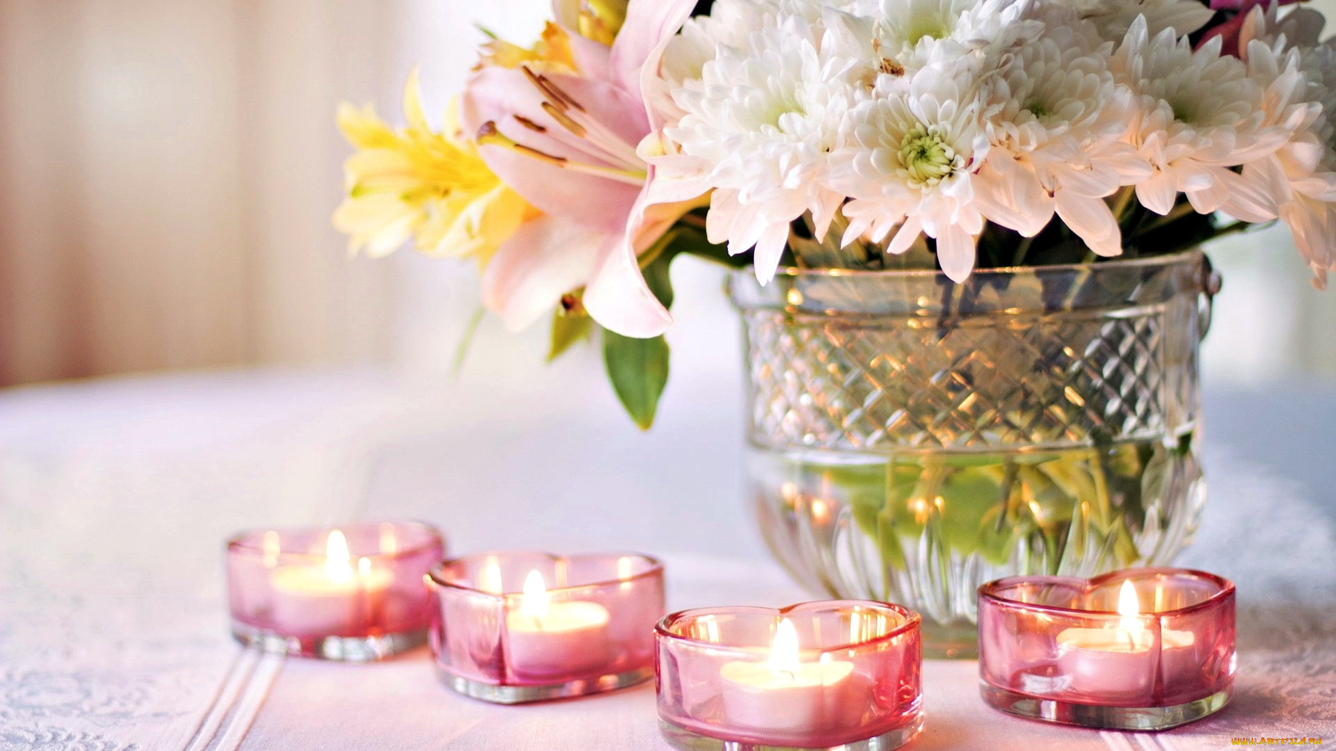 разное, свечи, огоньки, букет, хризантемы, сердечки
