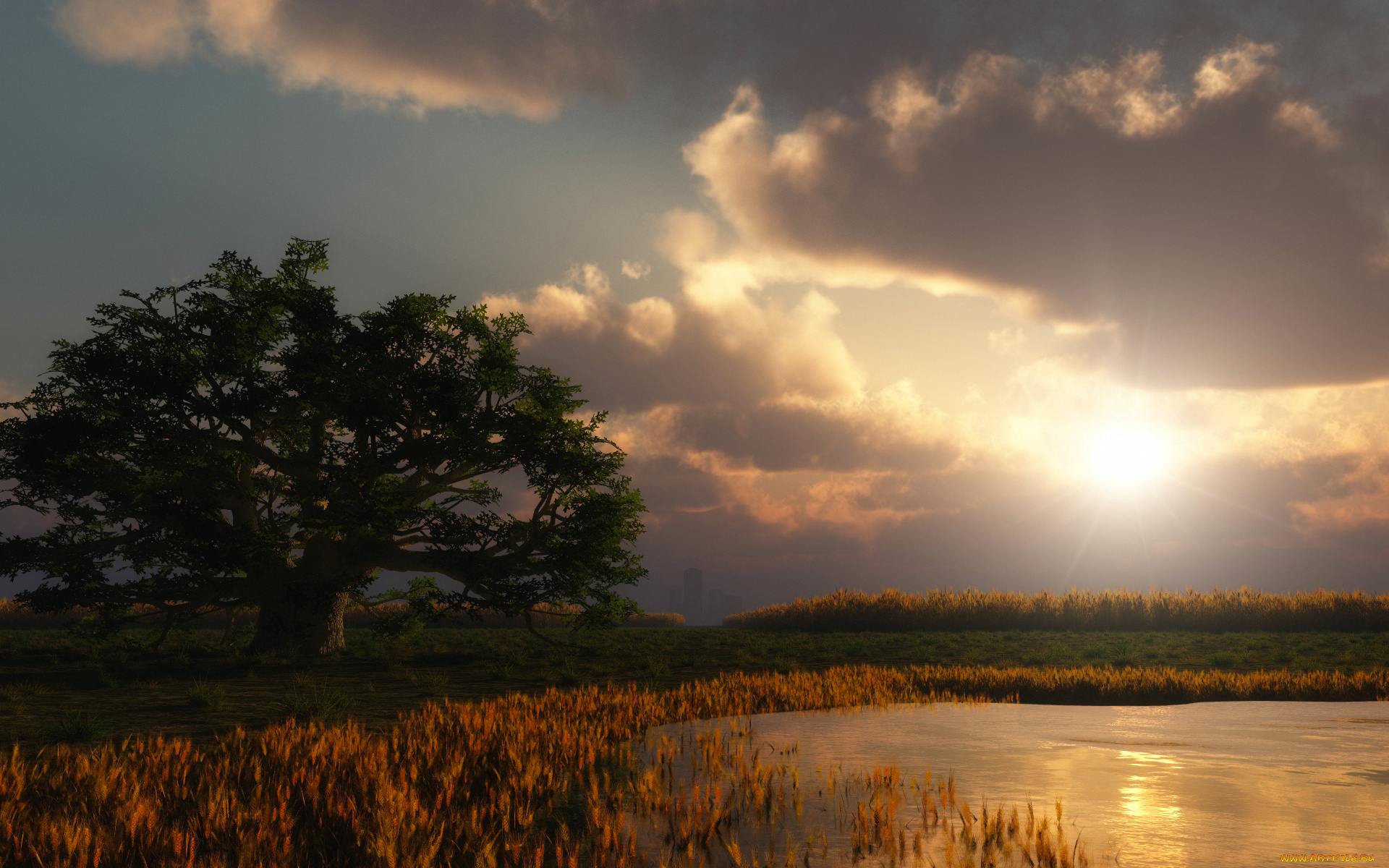 3д, графика, природа, , nature, озеро, дерево, облака