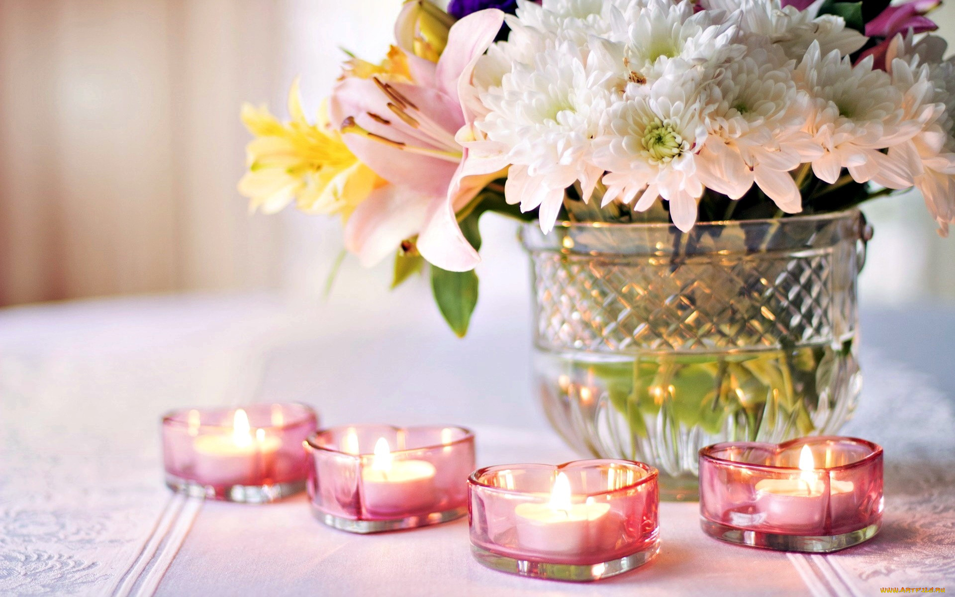 разное, свечи, огоньки, букет, хризантемы, сердечки