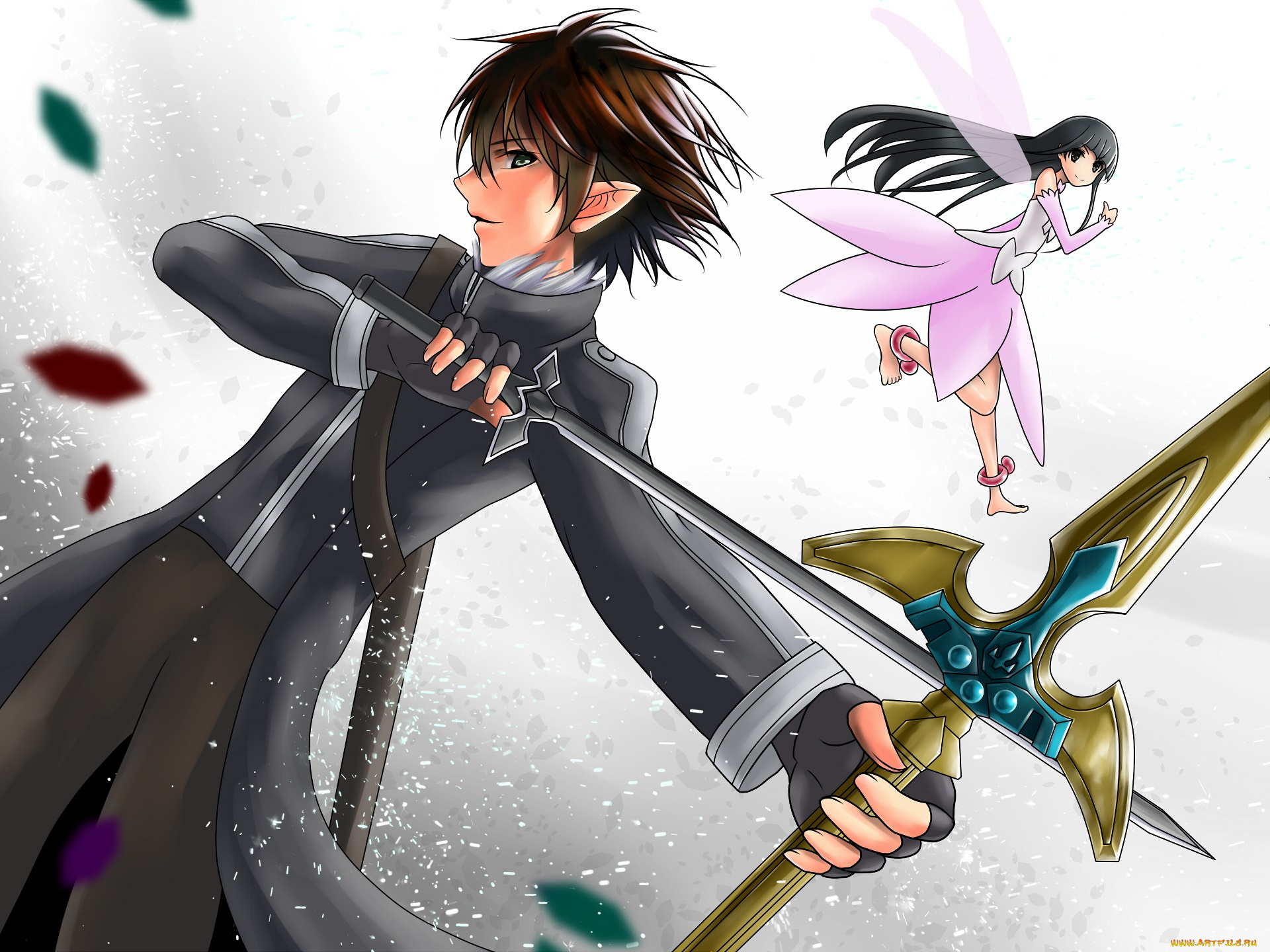 аниме, sword, art, online, парень, фон, взгляд, девушка