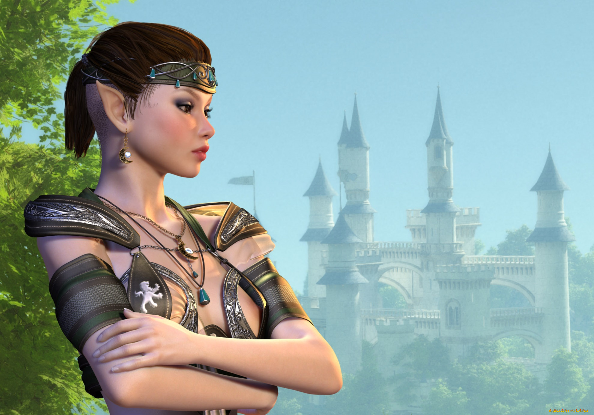 3д, графика, эльфы, , elves, эльфийка, взгляд, фон