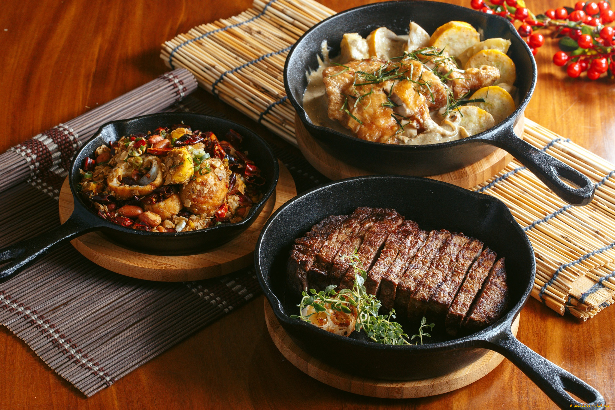 еда, мясные, блюда, сковородки, мясо