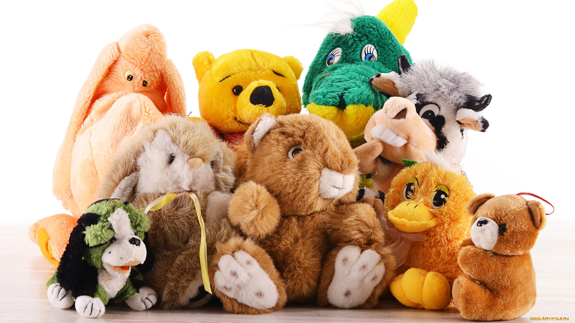 праздничные, мягкие, игрушки, белый, фон, игрушки, звери, плюшевые