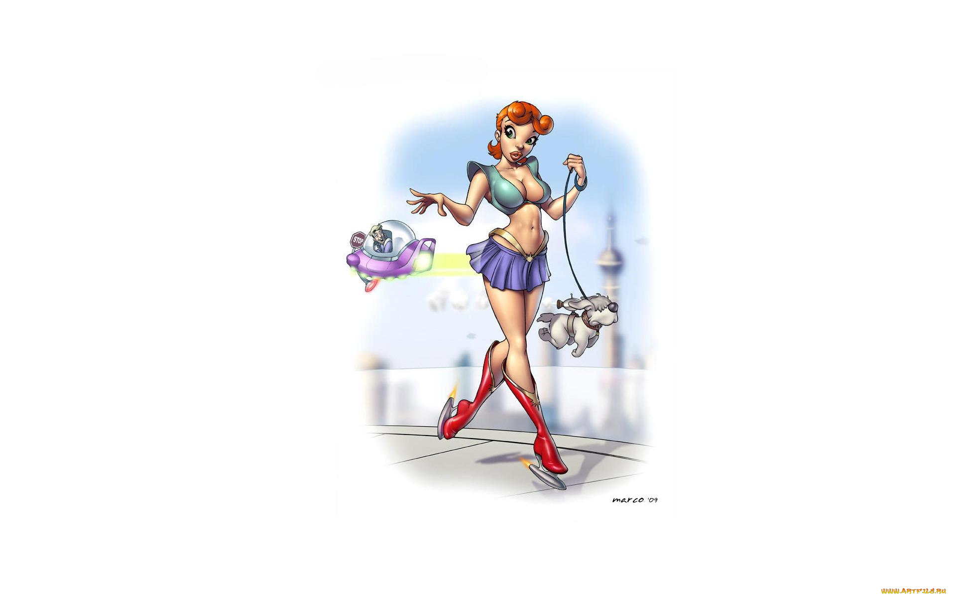 рисованное, комиксы, девушка, собака, будущее