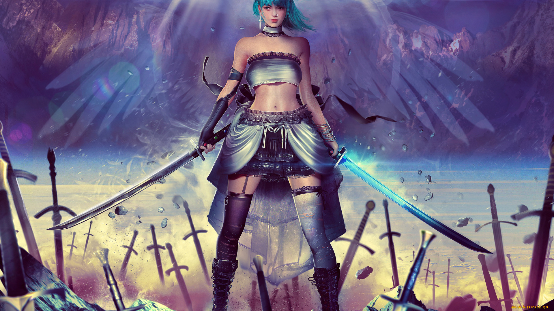 фэнтези, ангелы, девушка, фон, взгляд, пирсинг, меч, крылья