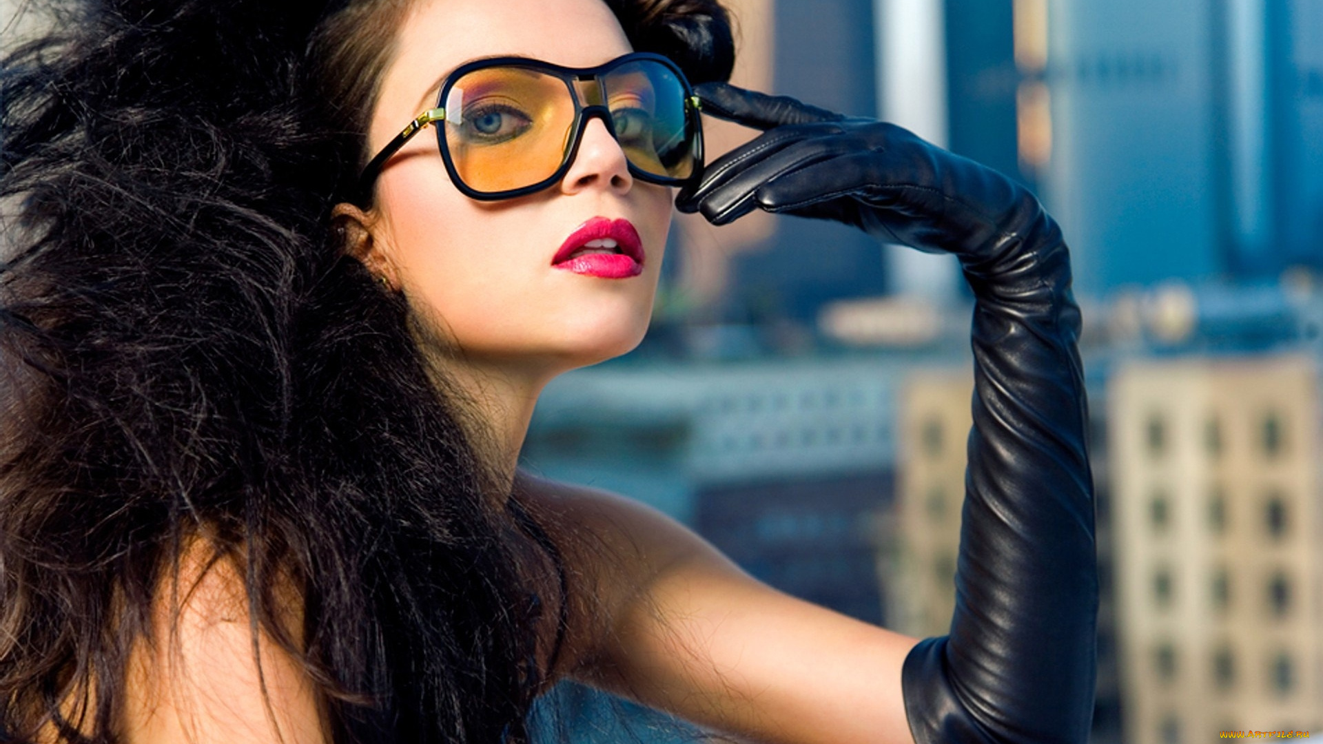 девушки, -, лица, , портреты, перчатка, очки, брюнетка