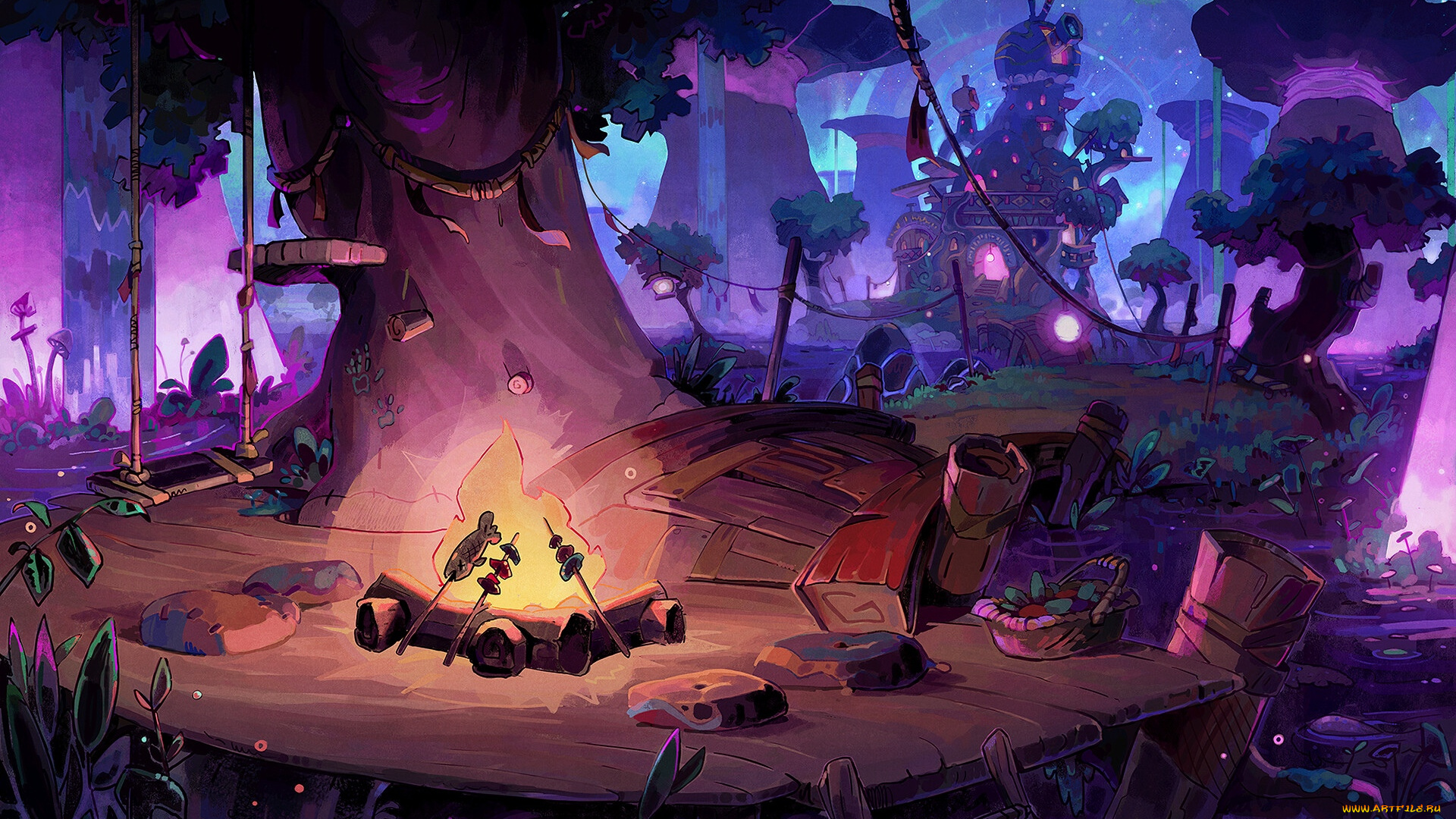 фэнтези, замки, дерево, мост, костер, замок, качели