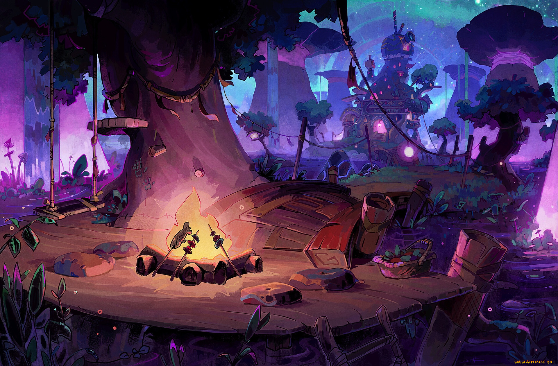 фэнтези, замки, дерево, мост, костер, замок, качели