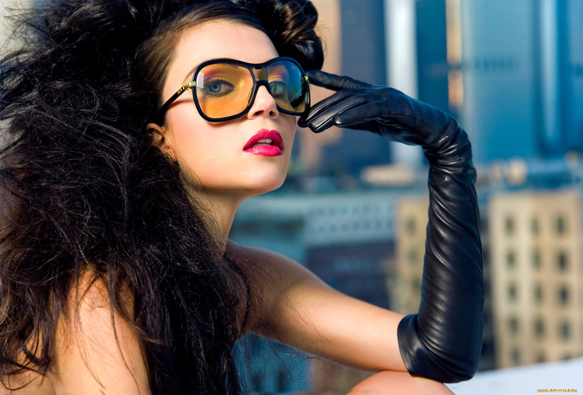 девушки, -, лица, , портреты, перчатка, очки, брюнетка