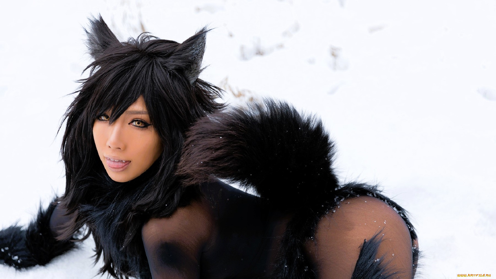 девушки, nonsummerjack, косплей, образ, наряд, костюм, ушки, хвост, снег