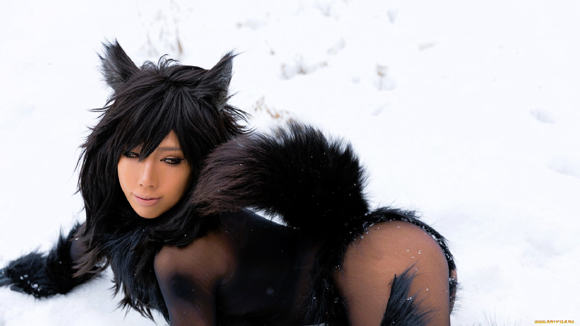 девушки, nonsummerjack, косплей, образ, наряд, костюм, ушки, хвост, снег