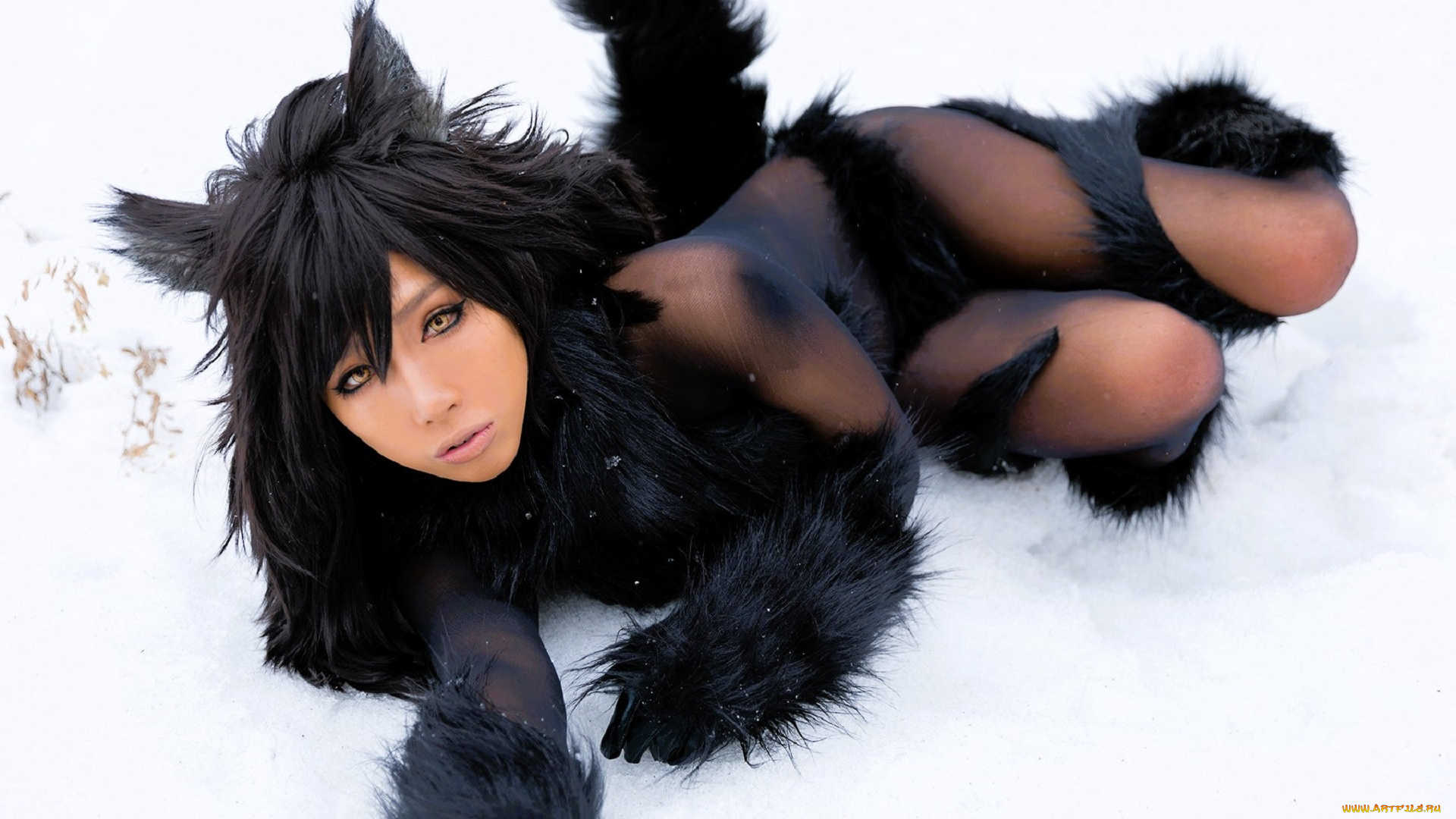 девушки, nonsummerjack, косплей, образ, наряд, костюм, ушки, хвост, снег