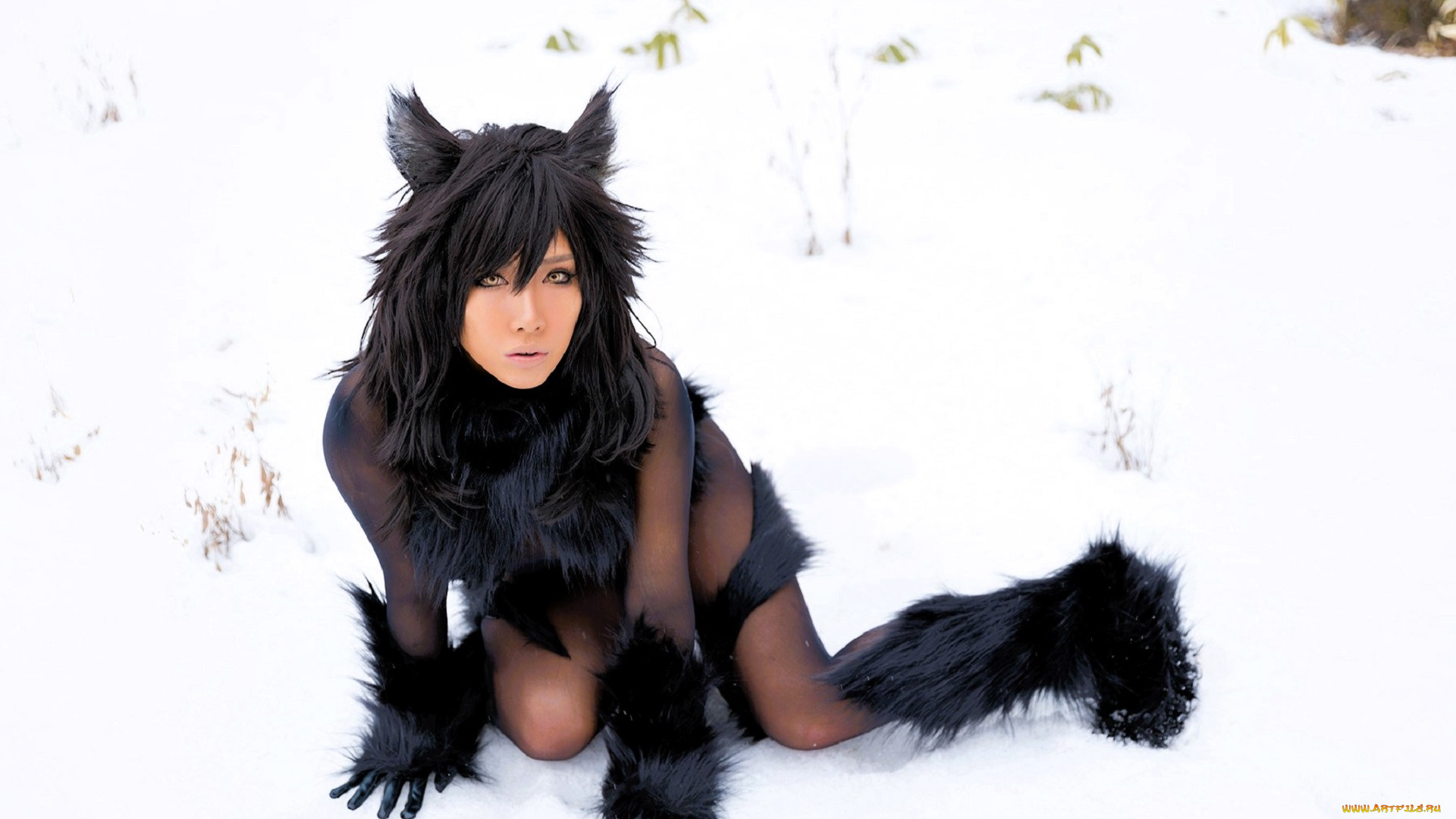 девушки, nonsummerjack, косплей, образ, наряд, костюм, ушки, хвост, снег