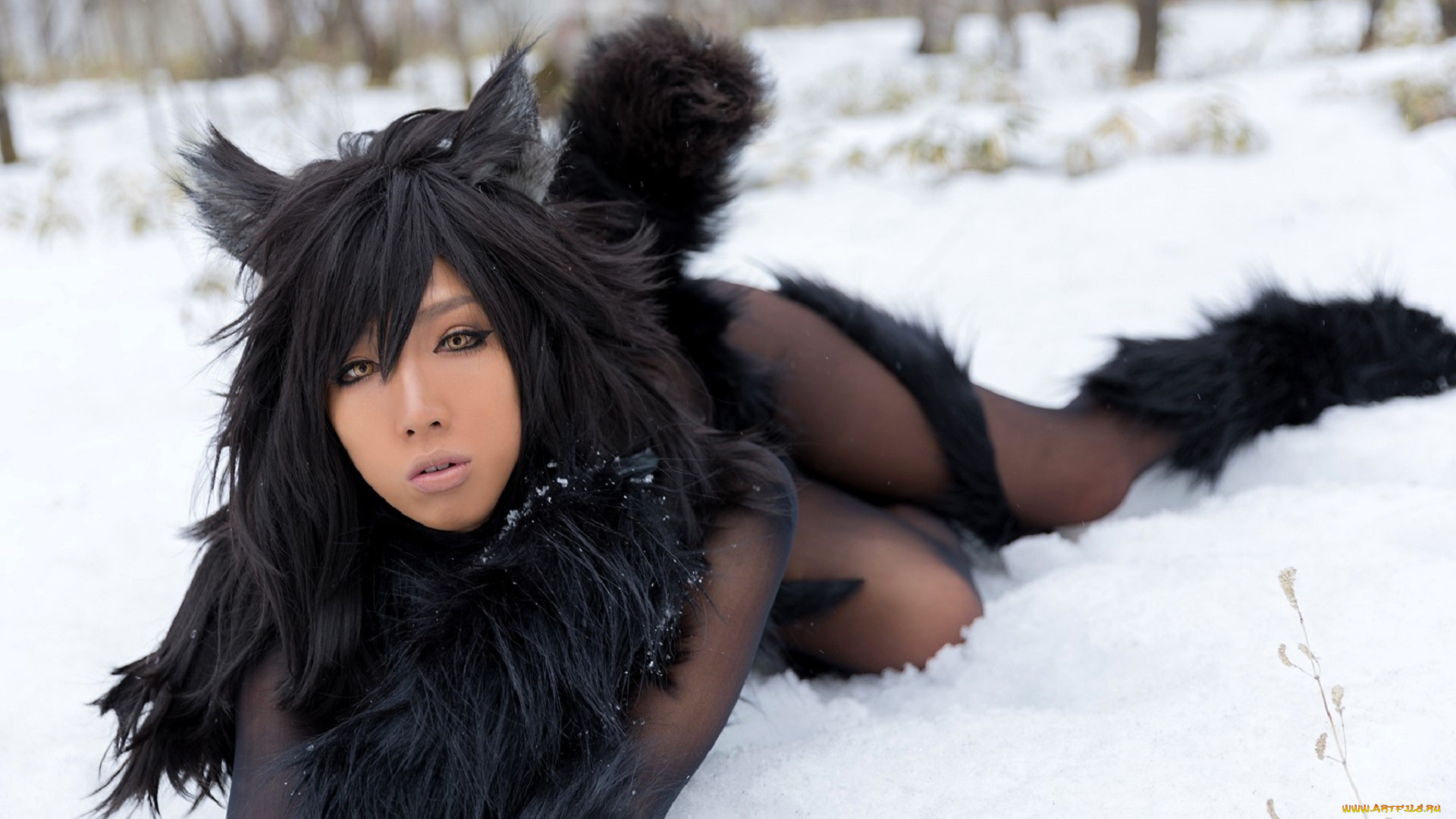 девушки, nonsummerjack, косплей, образ, наряд, костюм, ушки, хвост, снег, лес