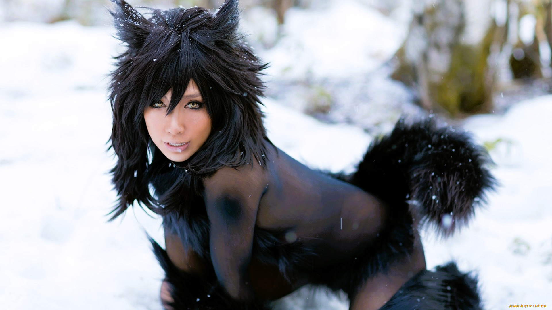 девушки, nonsummerjack, косплей, образ, наряд, костюм, ушки, хвост, снег