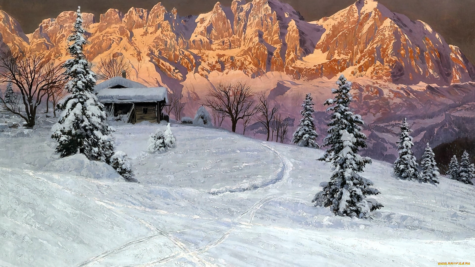 рисованное, alois, arnegger, горы, снег, зима, деревья, дом