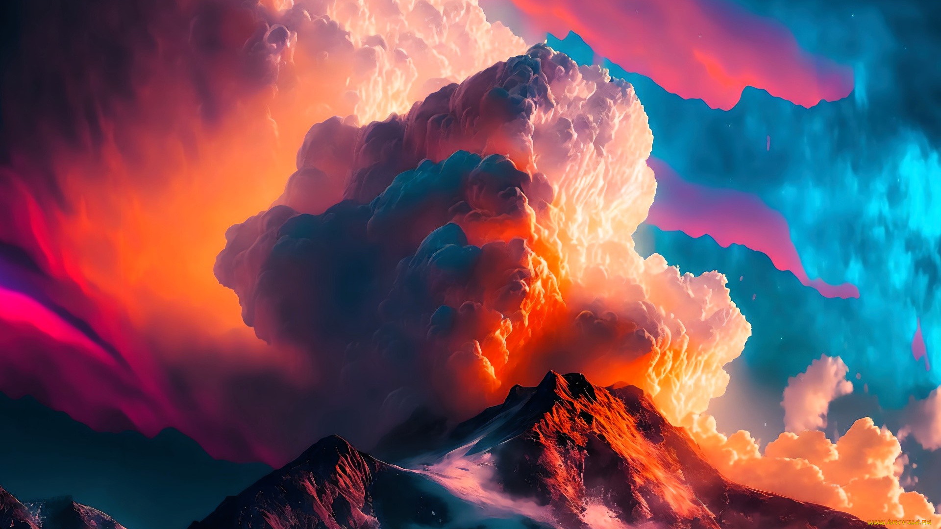 рисованное, природа, облака, небо, горы, закат