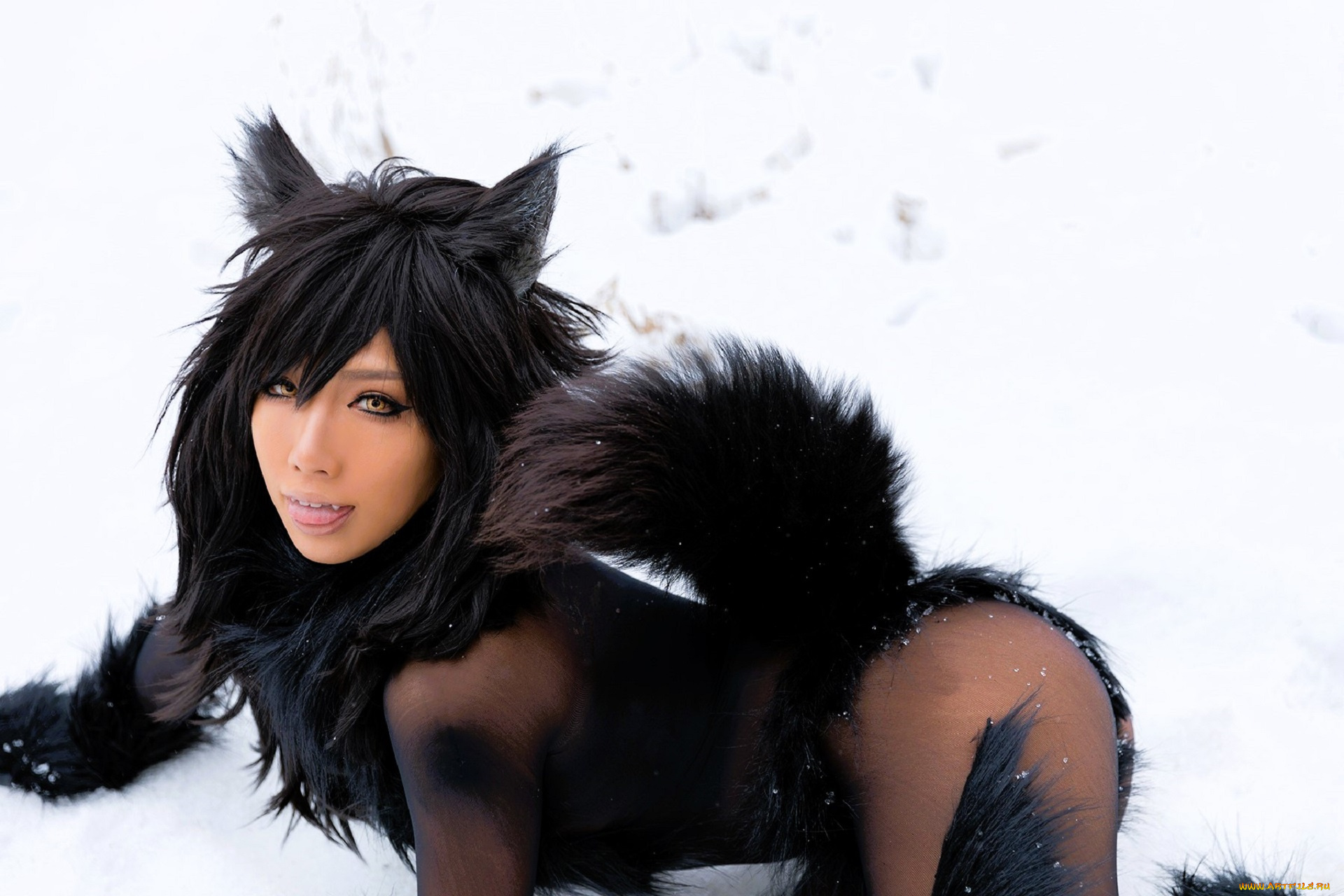 девушки, nonsummerjack, косплей, образ, наряд, костюм, ушки, хвост, снег