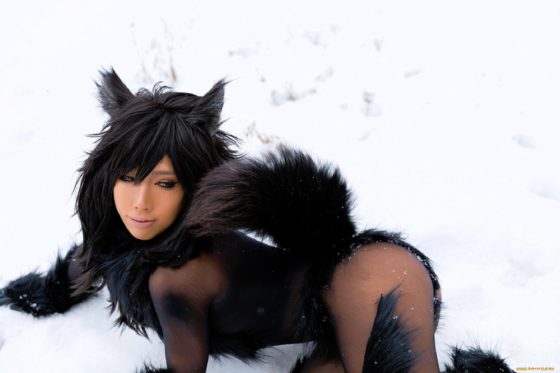 девушки, nonsummerjack, косплей, образ, наряд, костюм, ушки, хвост, снег