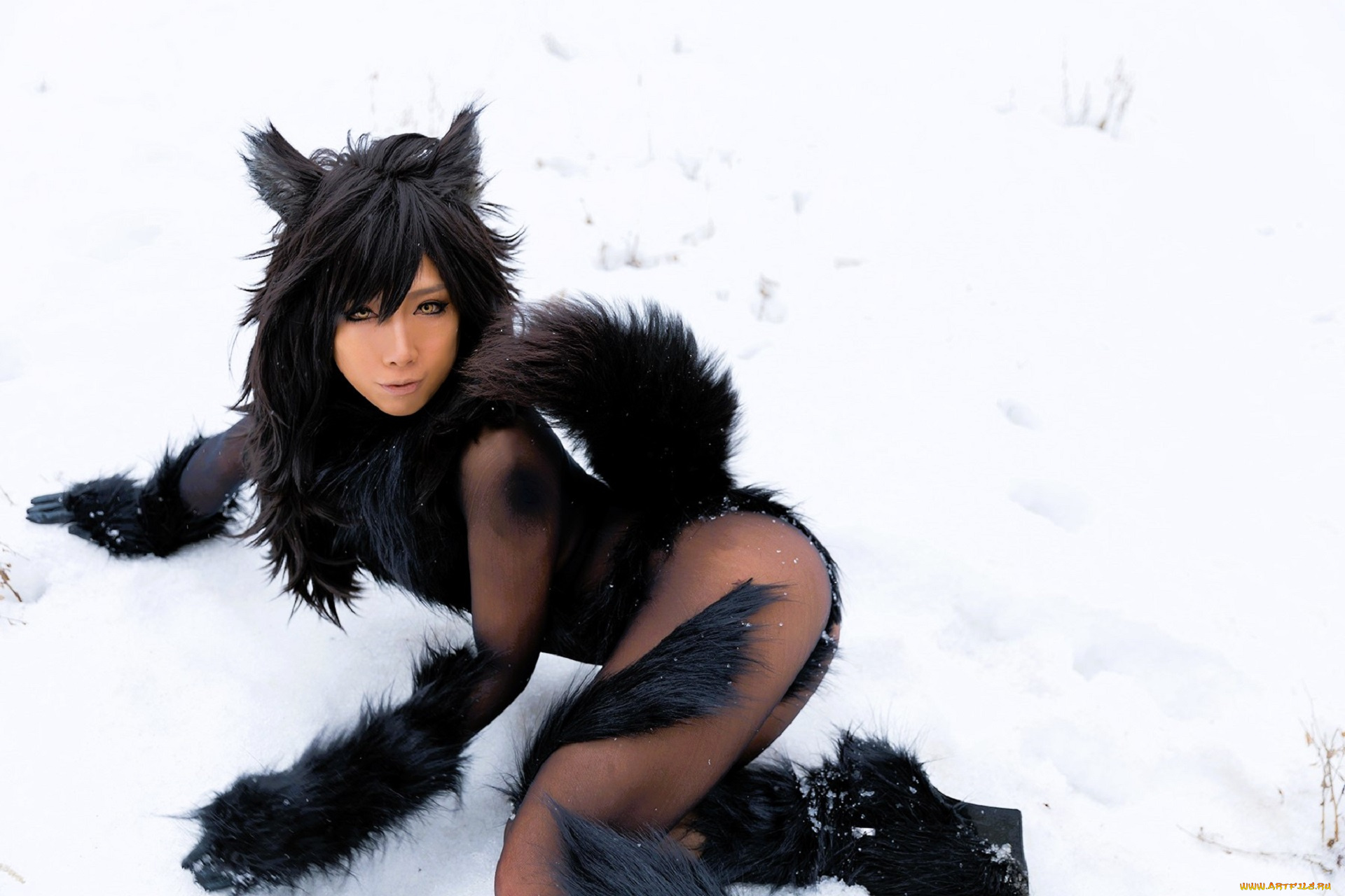 девушки, nonsummerjack, косплей, образ, наряд, костюм, ушки, хвост, снег