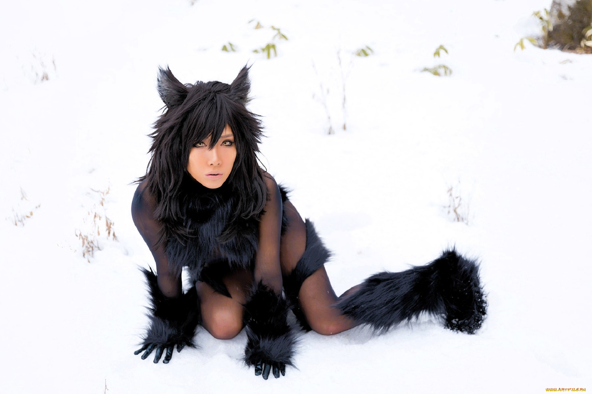 девушки, nonsummerjack, косплей, образ, наряд, костюм, ушки, хвост, снег