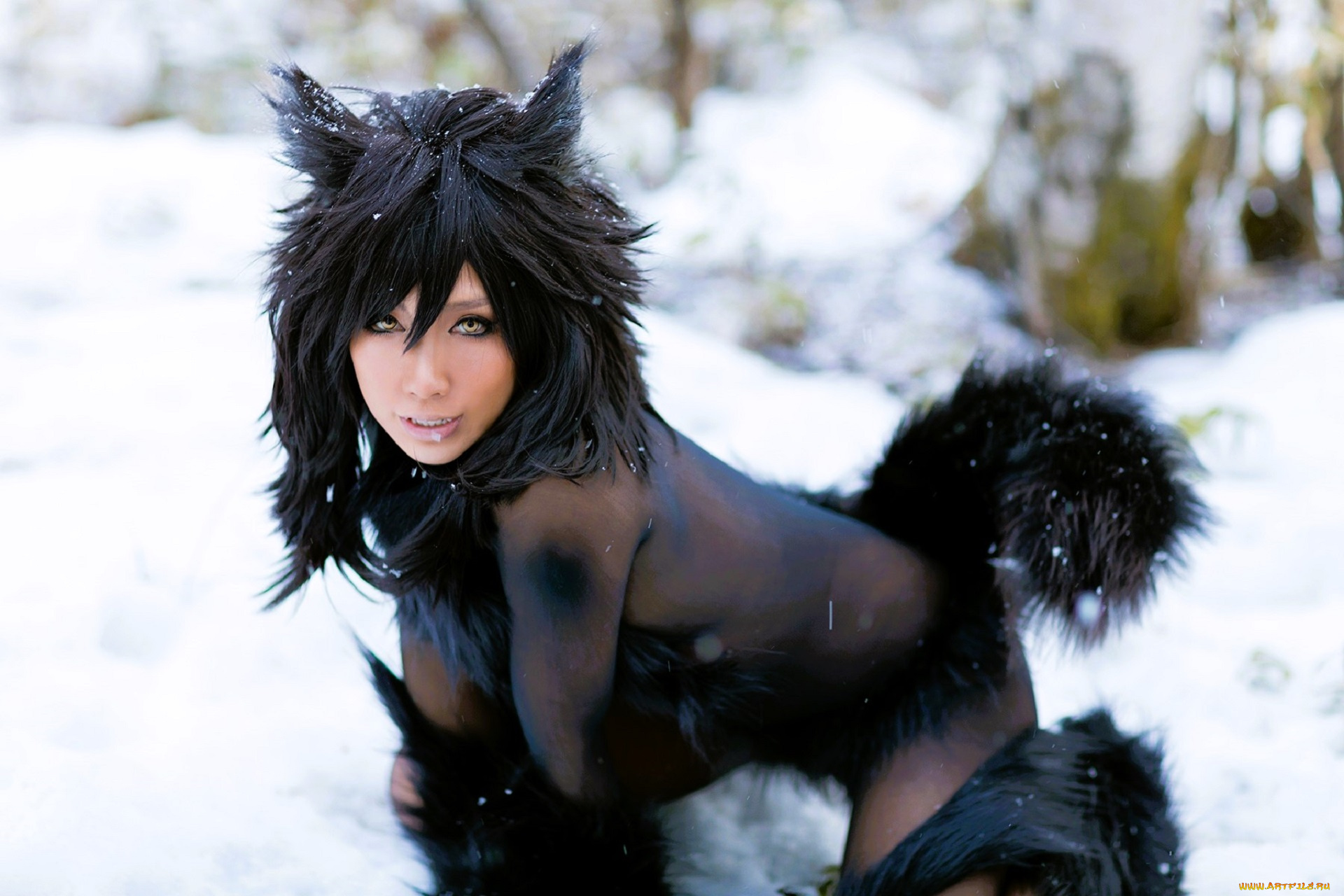 девушки, nonsummerjack, косплей, образ, наряд, костюм, ушки, хвост, снег