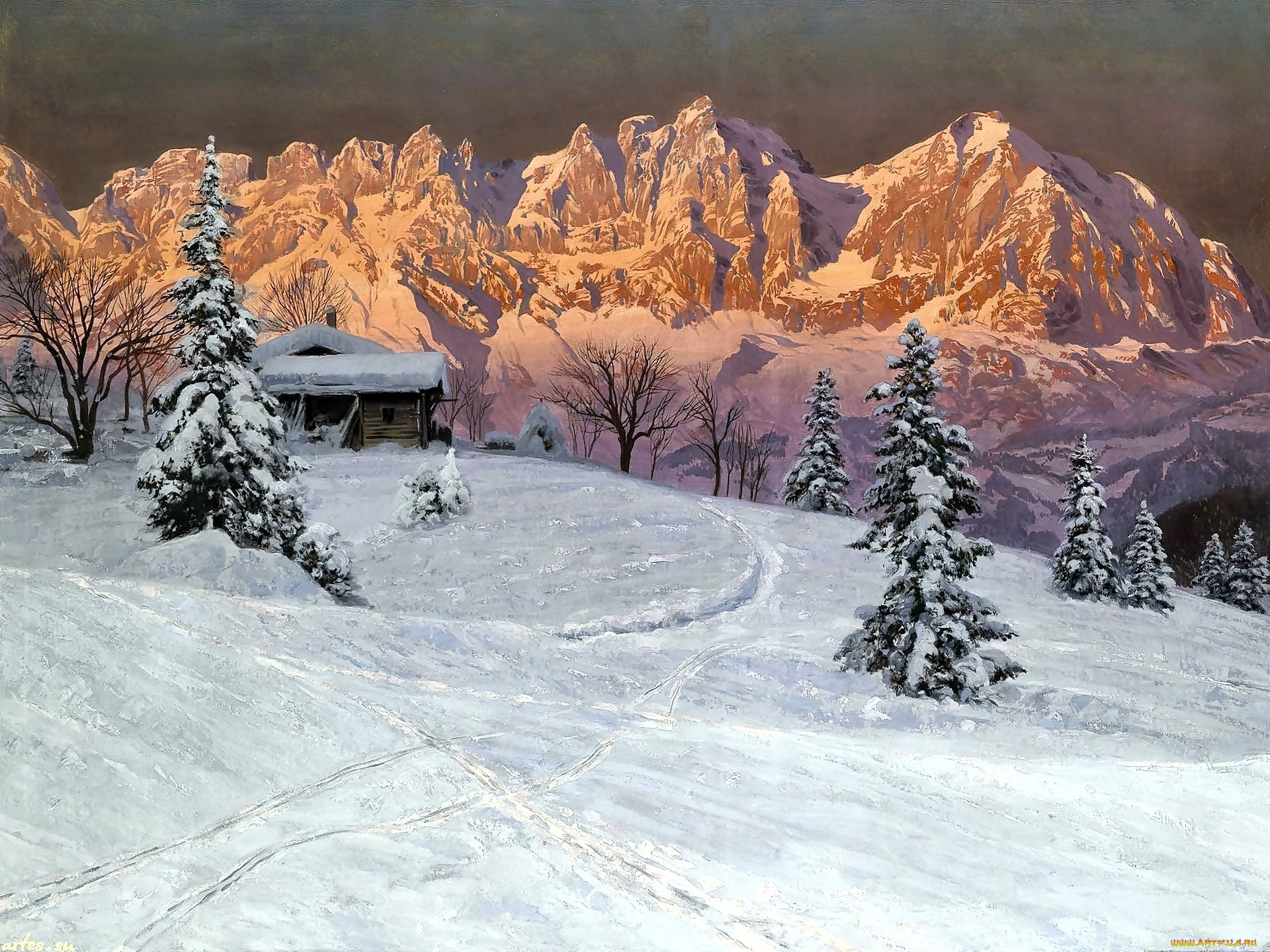 рисованное, alois, arnegger, горы, снег, зима, деревья, дом