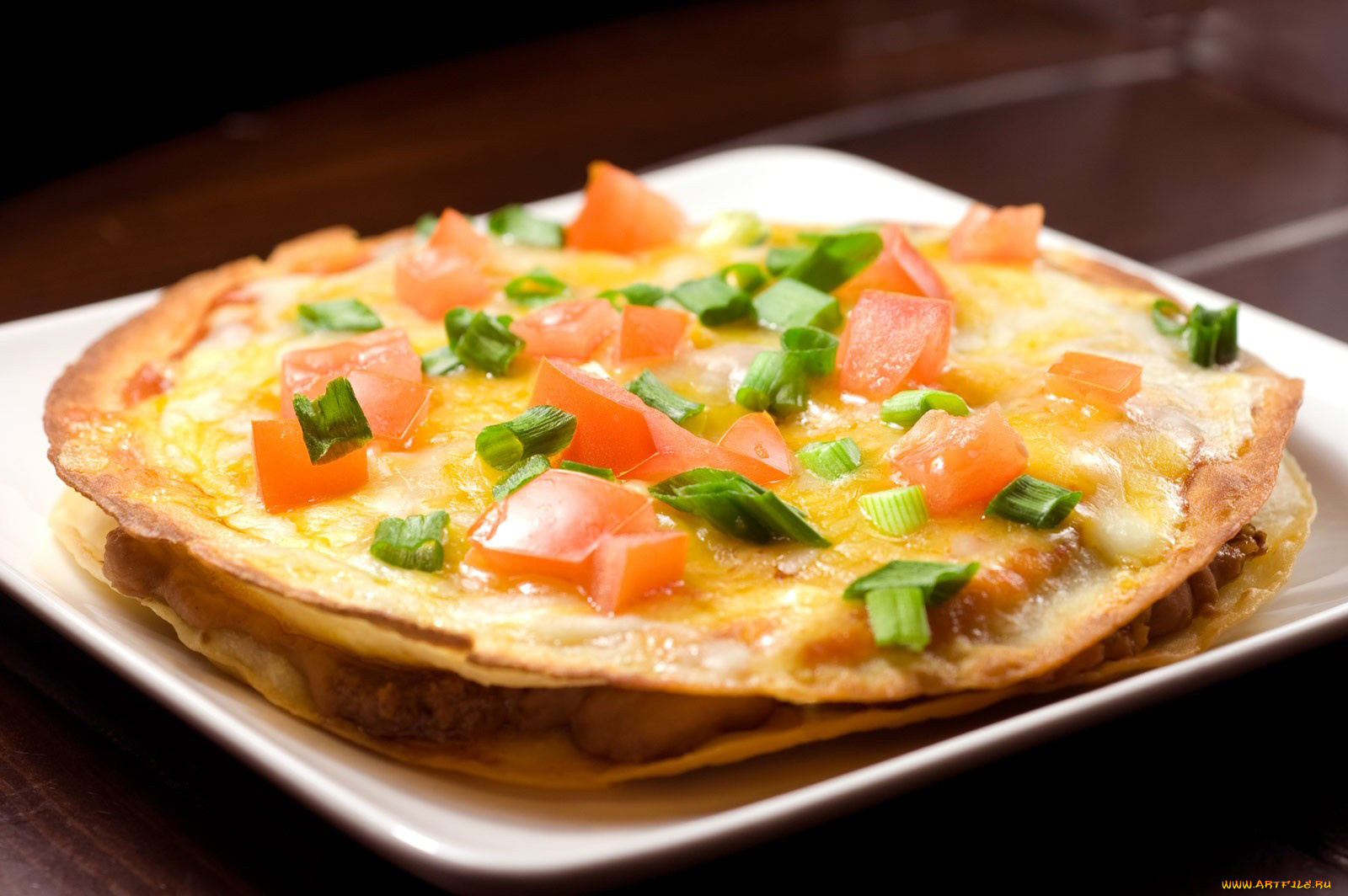 еда, пицца, тарелка, зеленый, лук, помидоры