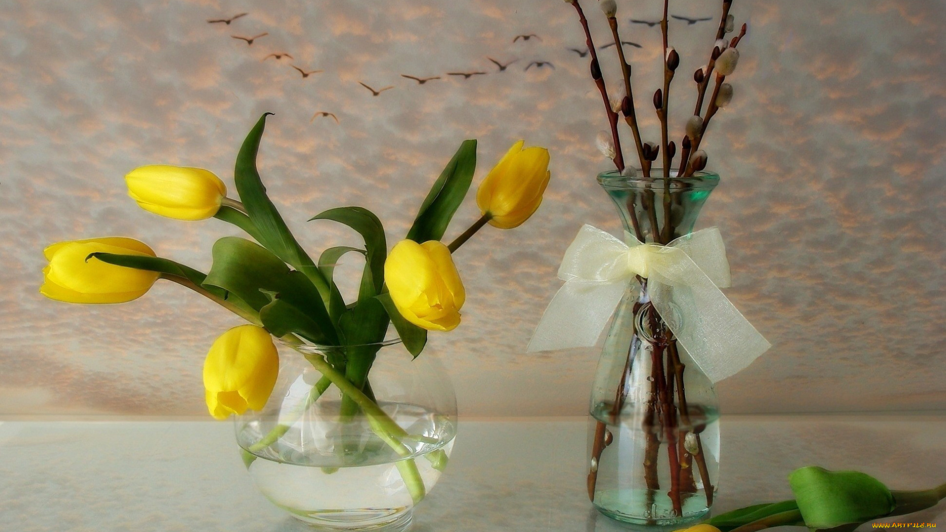 цветы, тюльпаны, ветки, бант