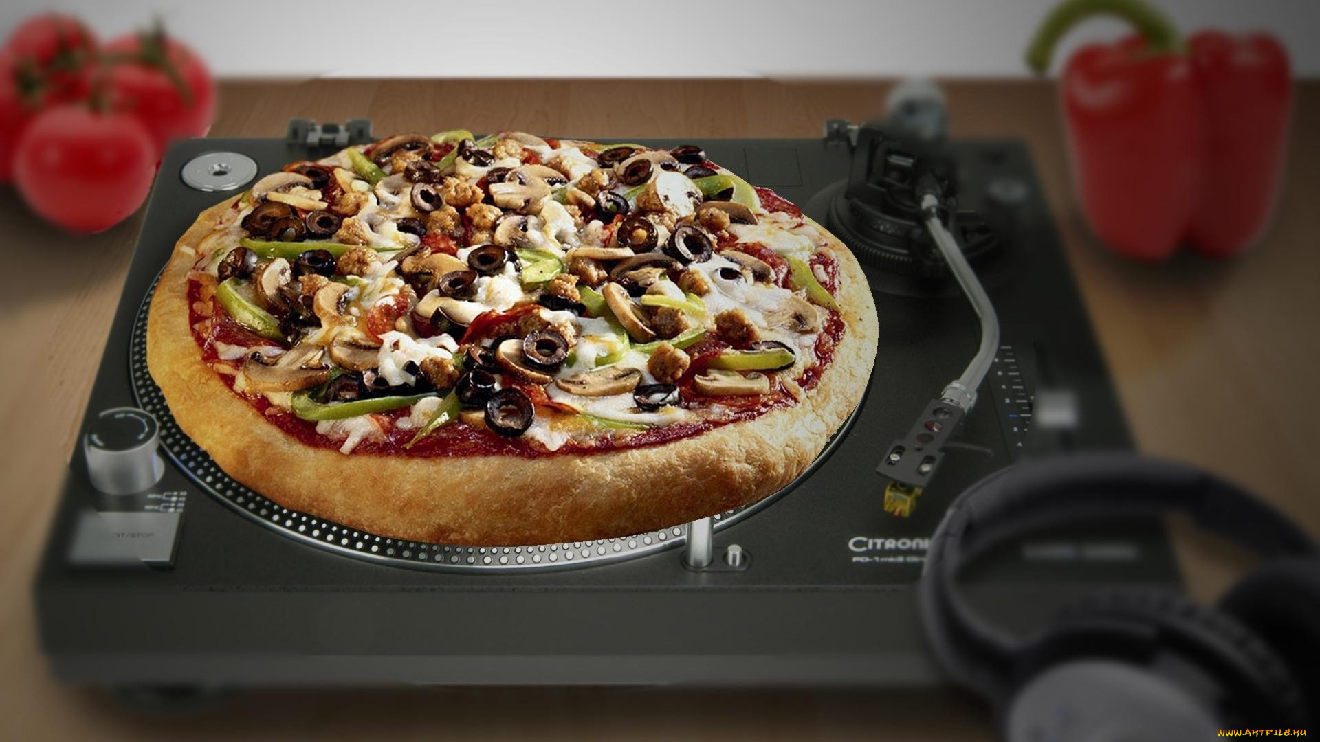 еда, пицца, проигрыватель