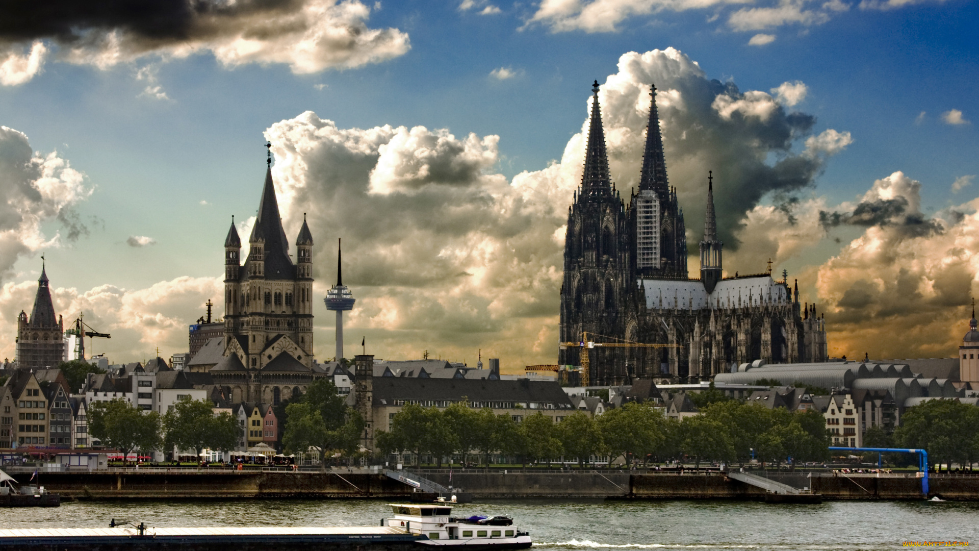 города, кельн, германия, река, собор