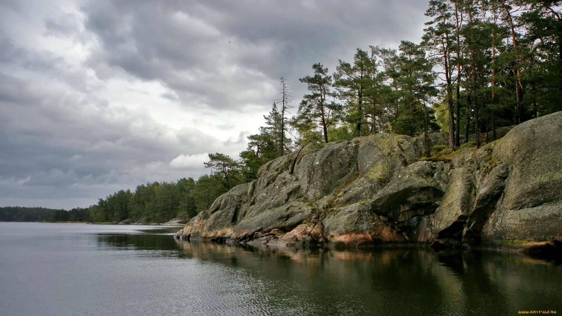 природа, побережье, озеро, скалы