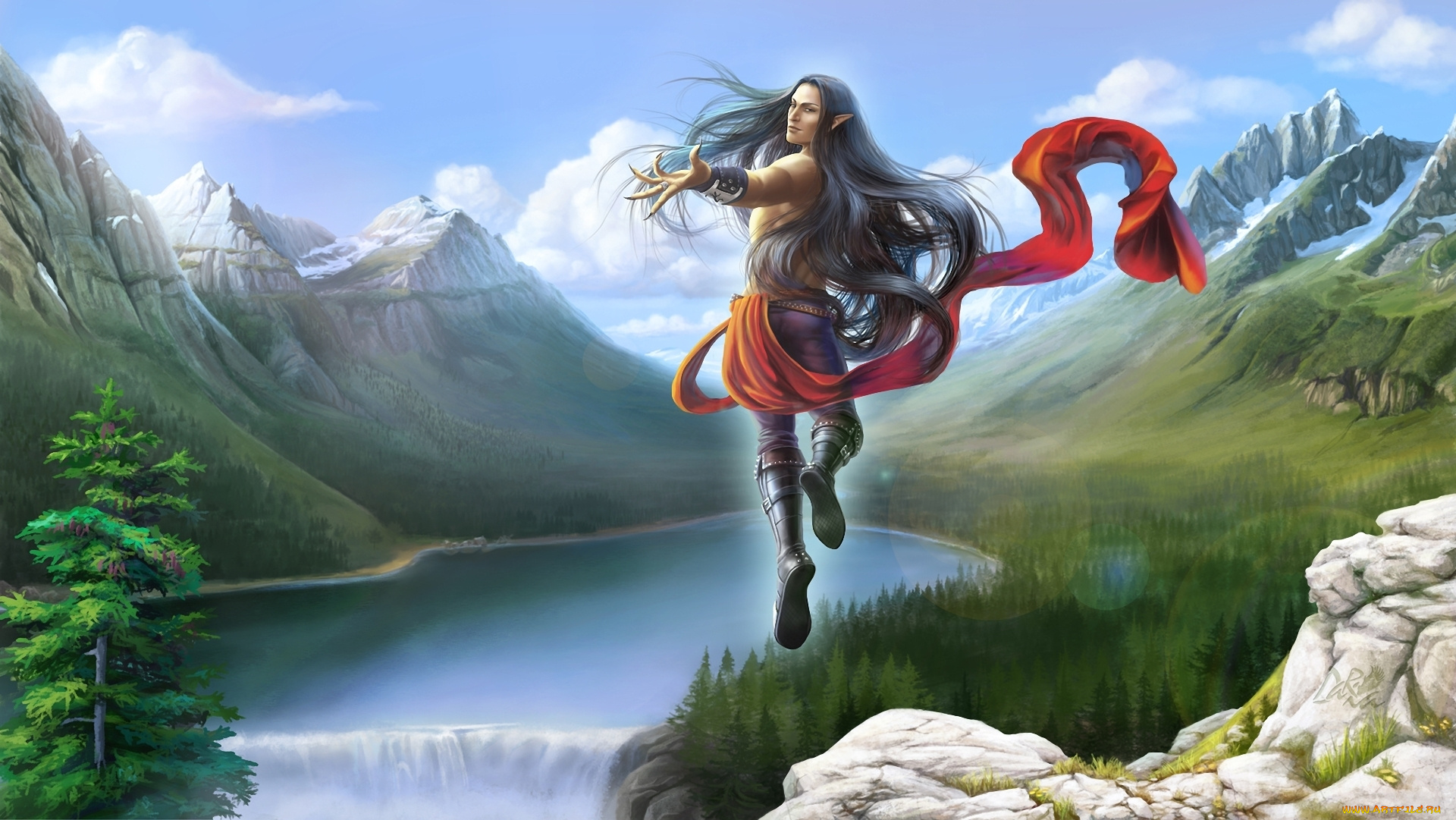 фэнтези, эльфы, прыжок, пейзаж, парень, эльф, водопад, горы, лес